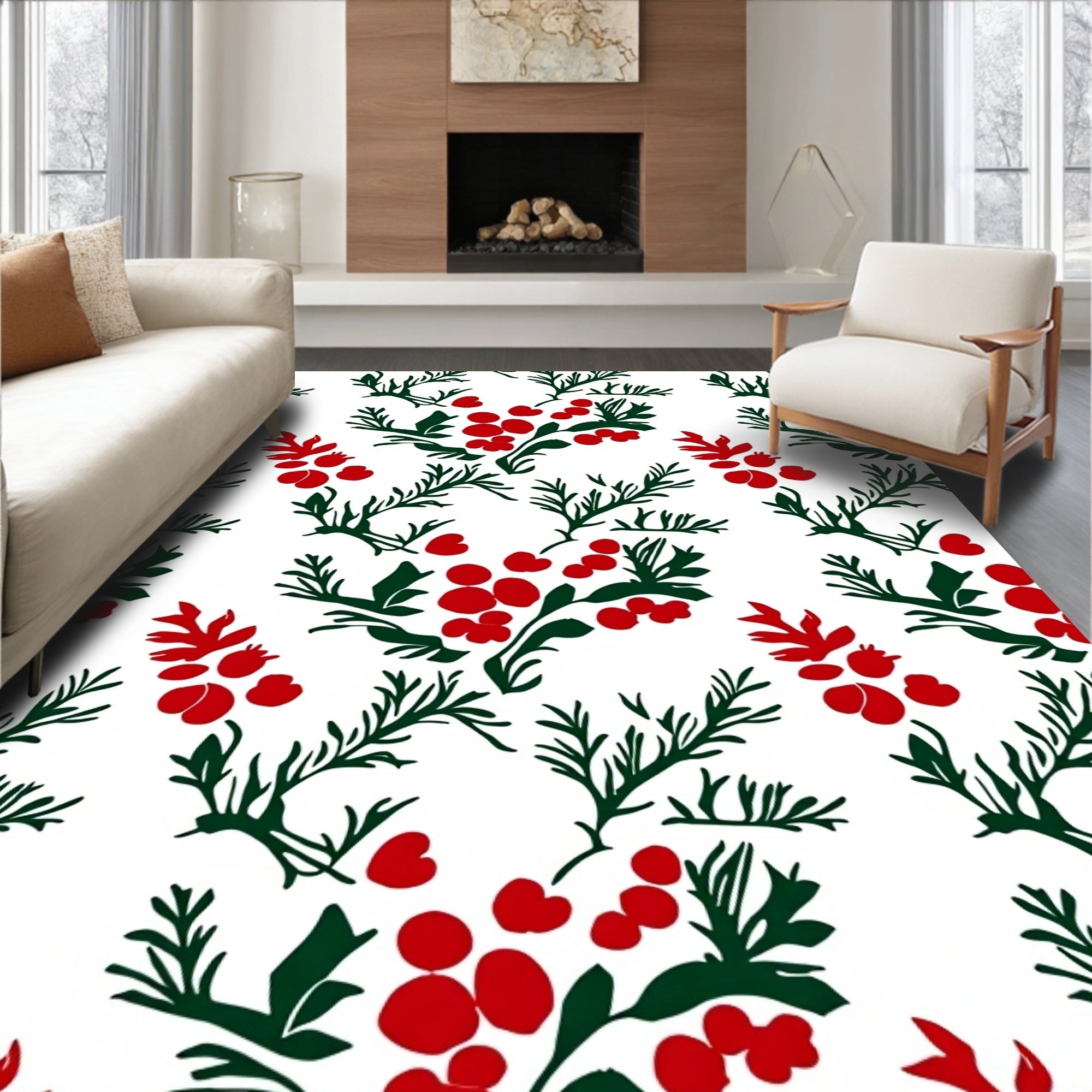 Red Berry Green Branch Botanical Rug
