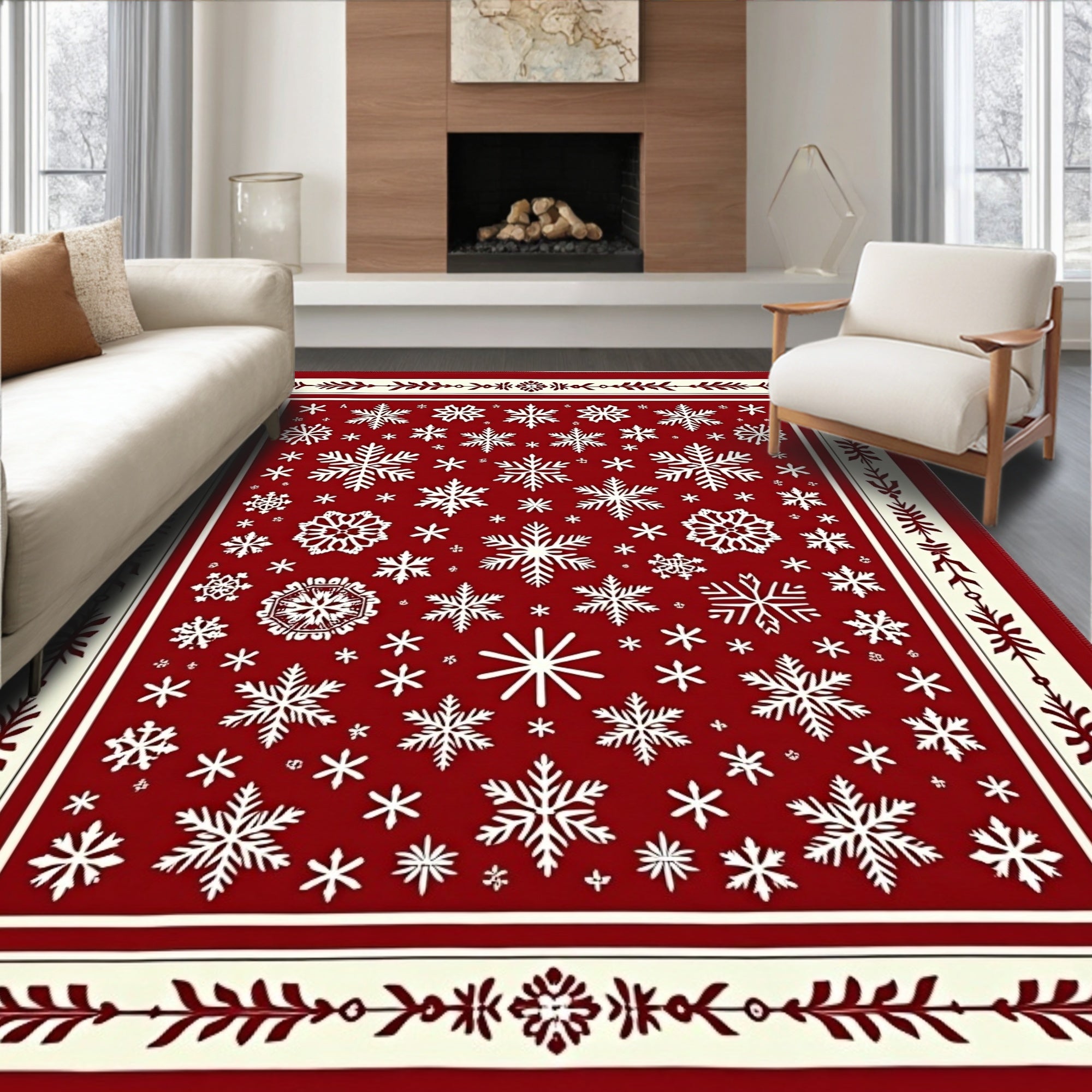 Crimson Snowflakes Bordered Festive Rug