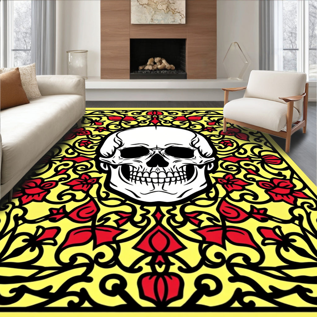 Yellow Floral Skull Art Rug