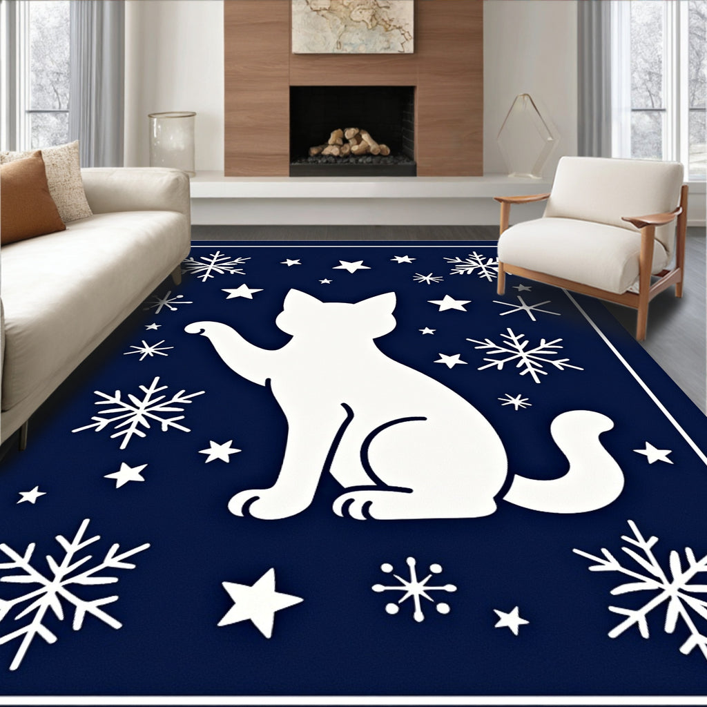 White Feline Snowflakes Navy Rug