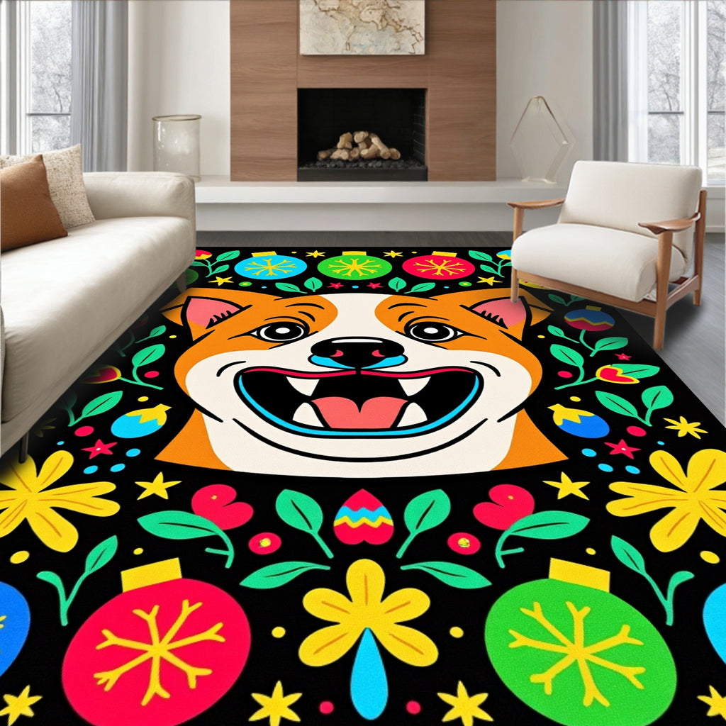Joyful Dog With Festive Ornaments Rug