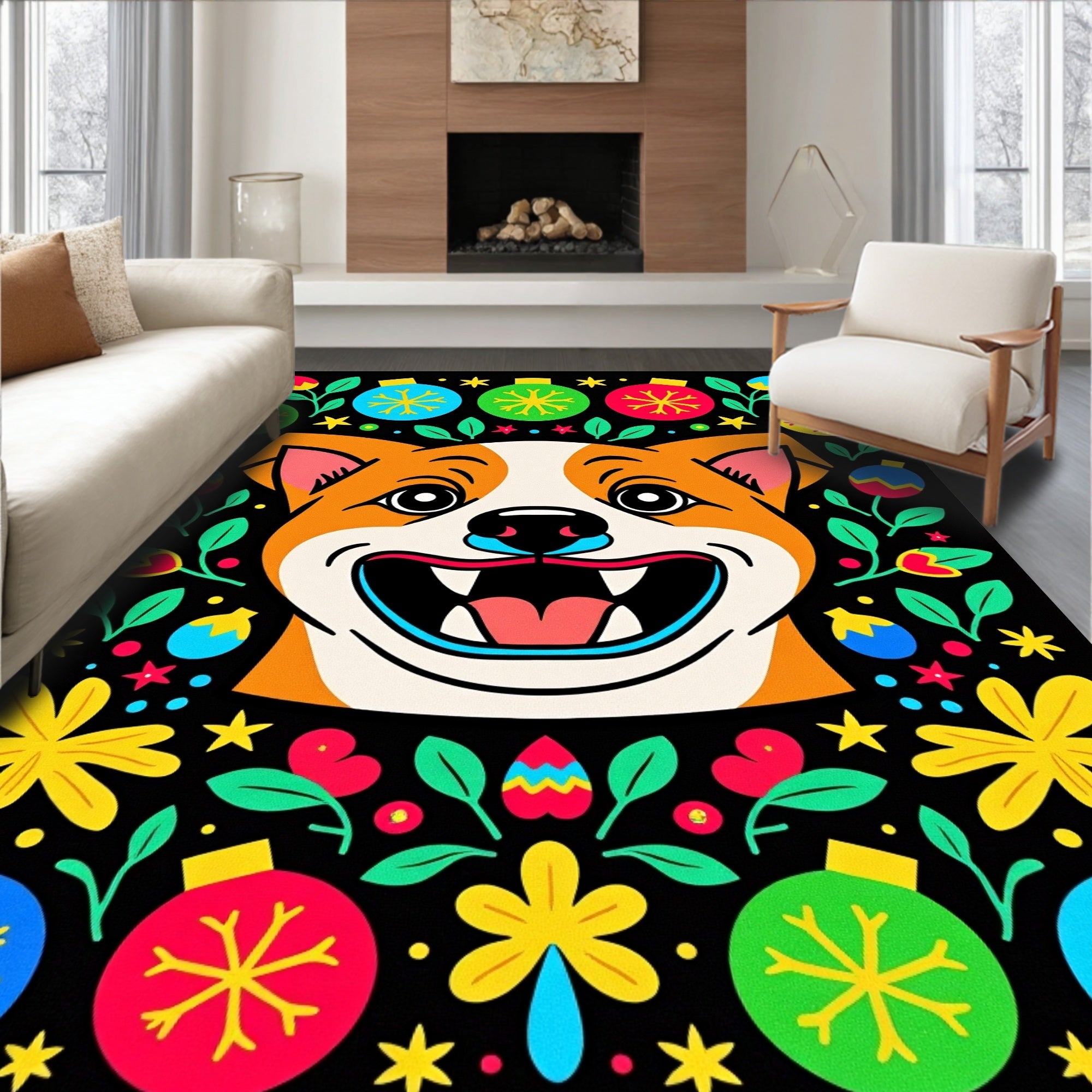 Joyful Dog With Festive Ornaments Rug