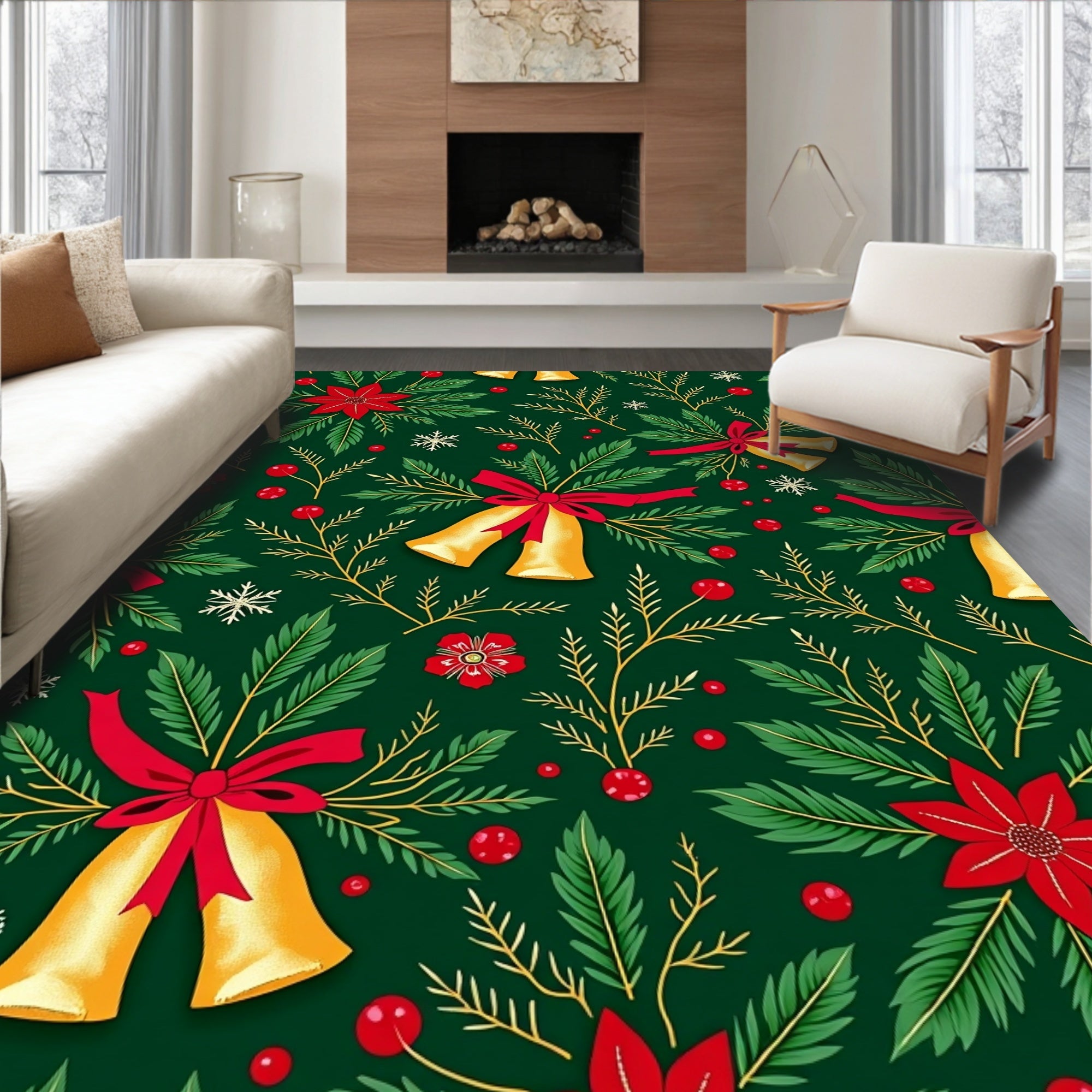Golden Bells Red Ribbon Green Foliage Rug