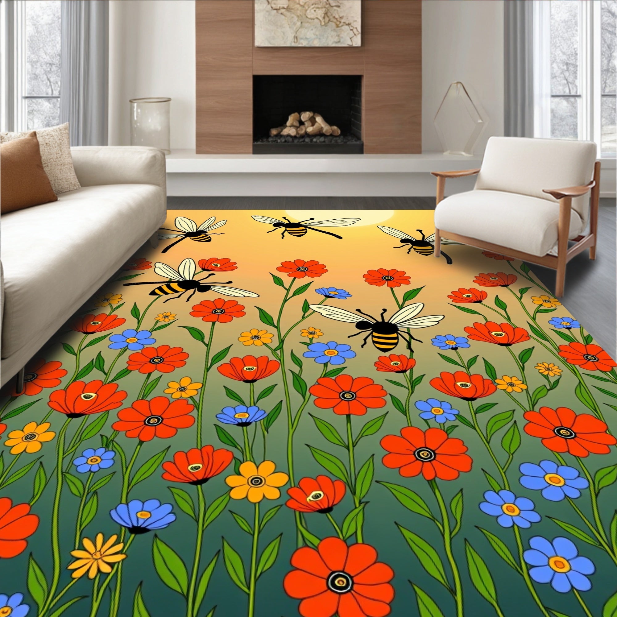 Happy Bees and Wildflowers Sunset Rug