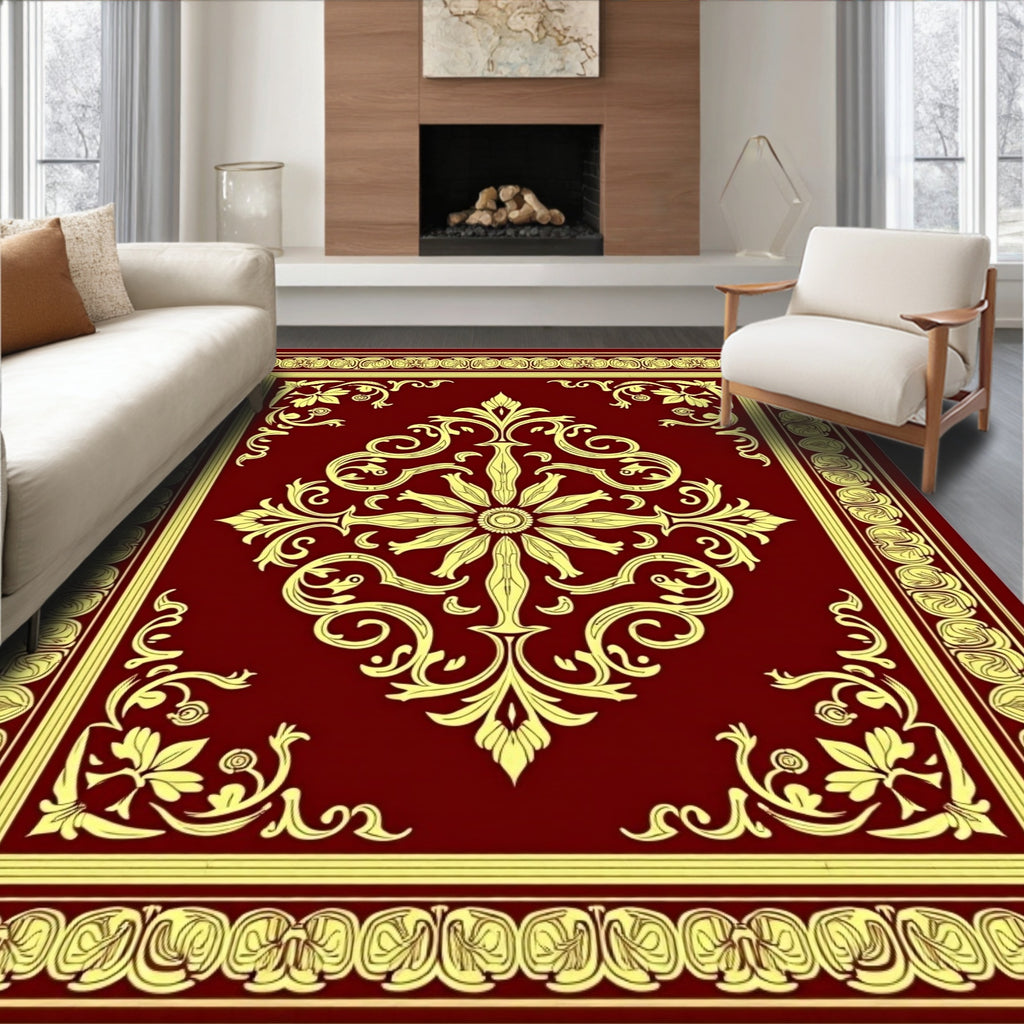 Ornate Crimson Gold Floral Medallion Layout Rug