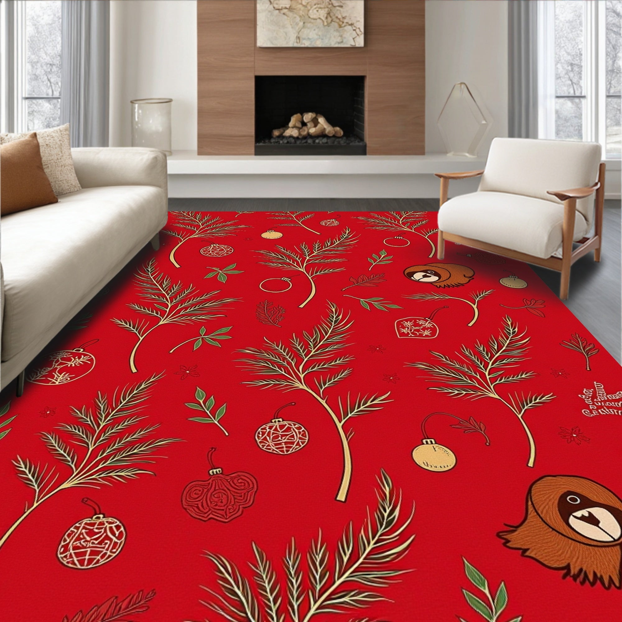 Red Festive Branches Ornament Sloth Rug