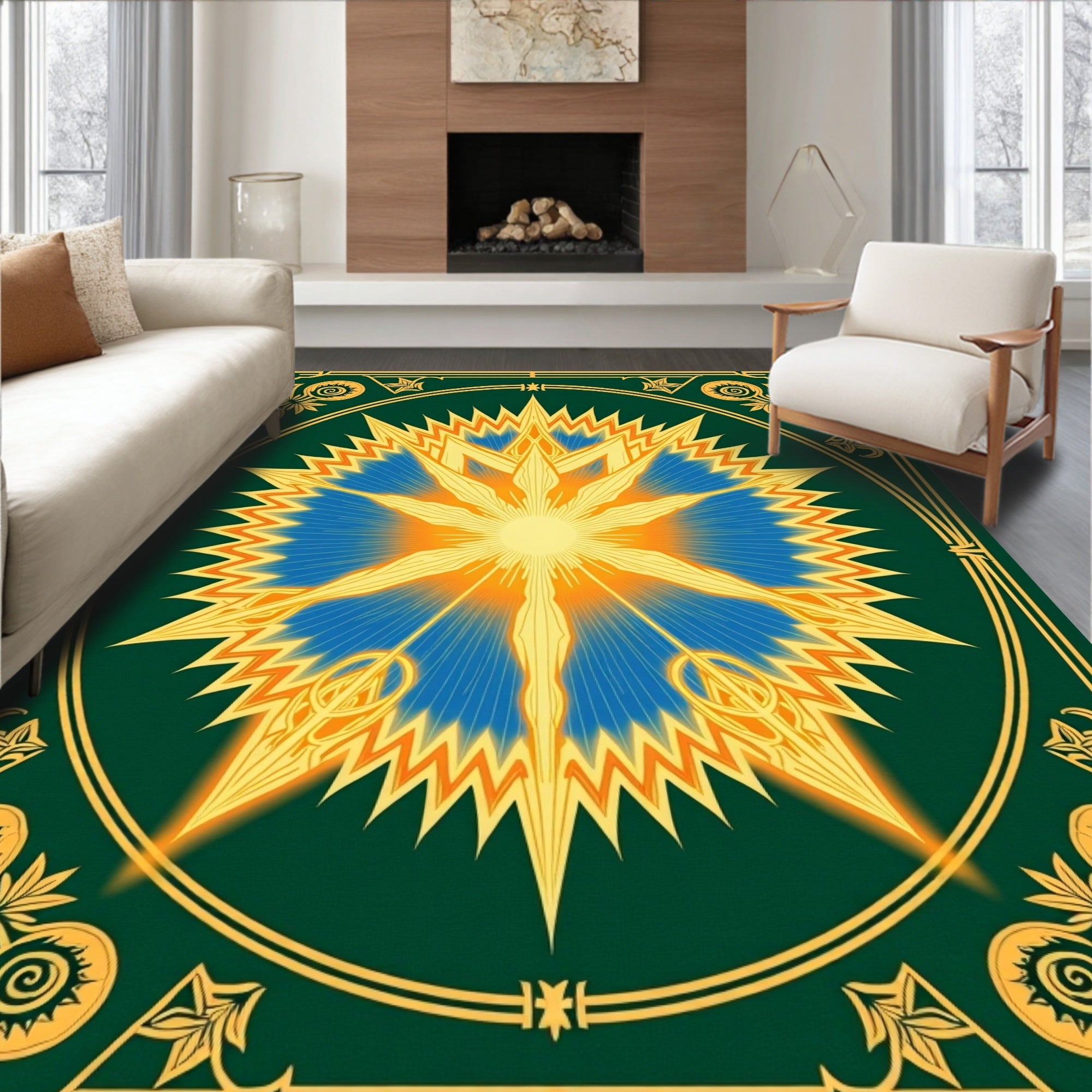 Radiant Sunburst Blue Orange Medallion Rug