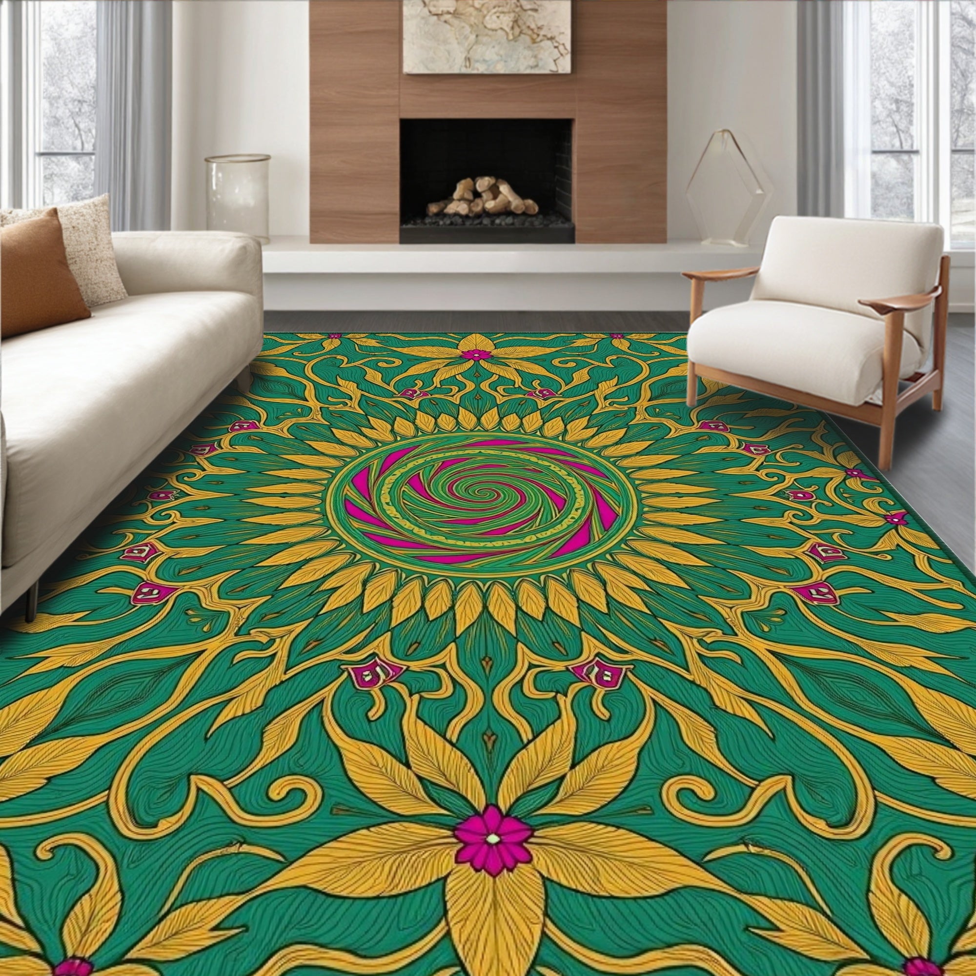 Emerald Gold Floral Swirl Mandala Rug