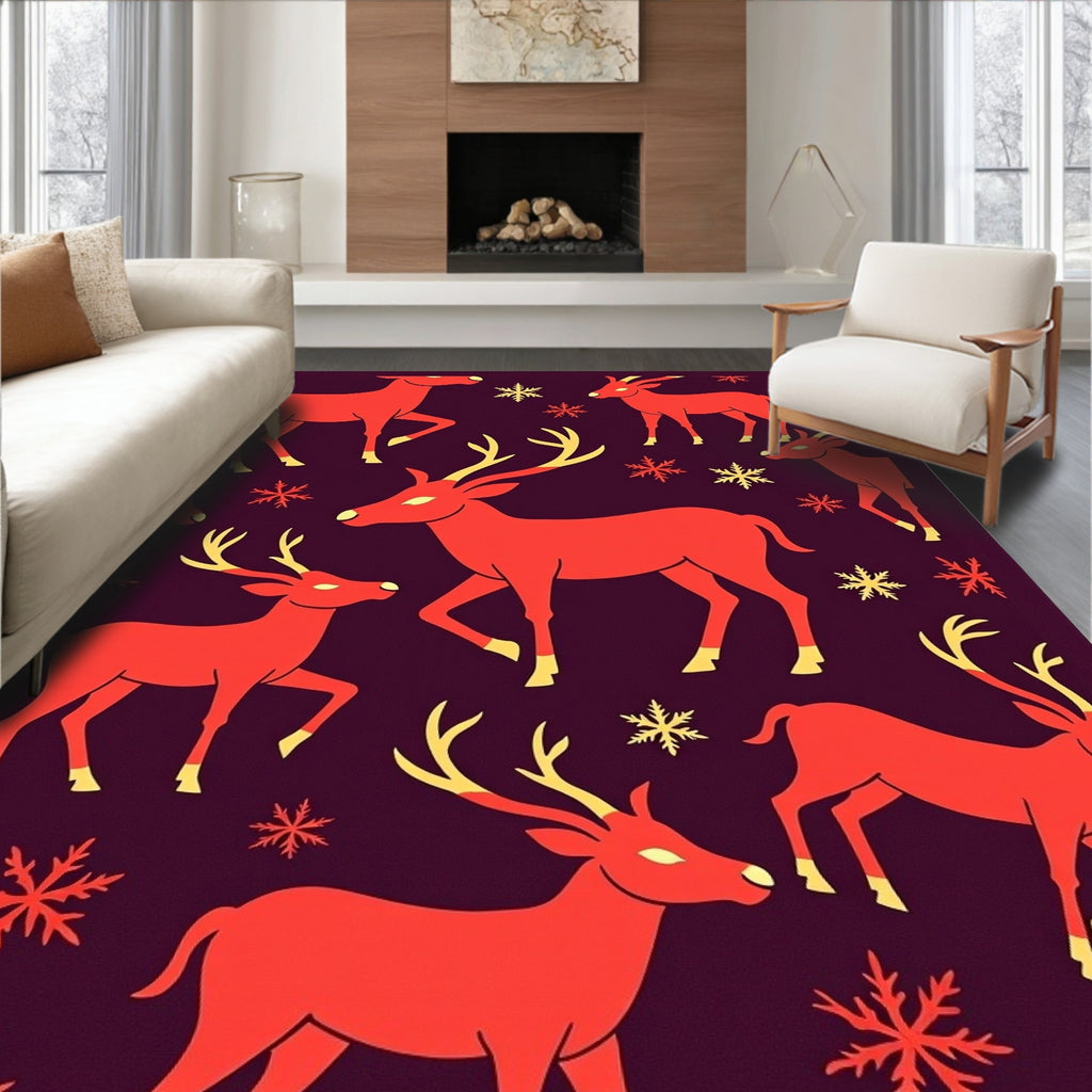 Red Deer With Snowflakes Holiday Rug