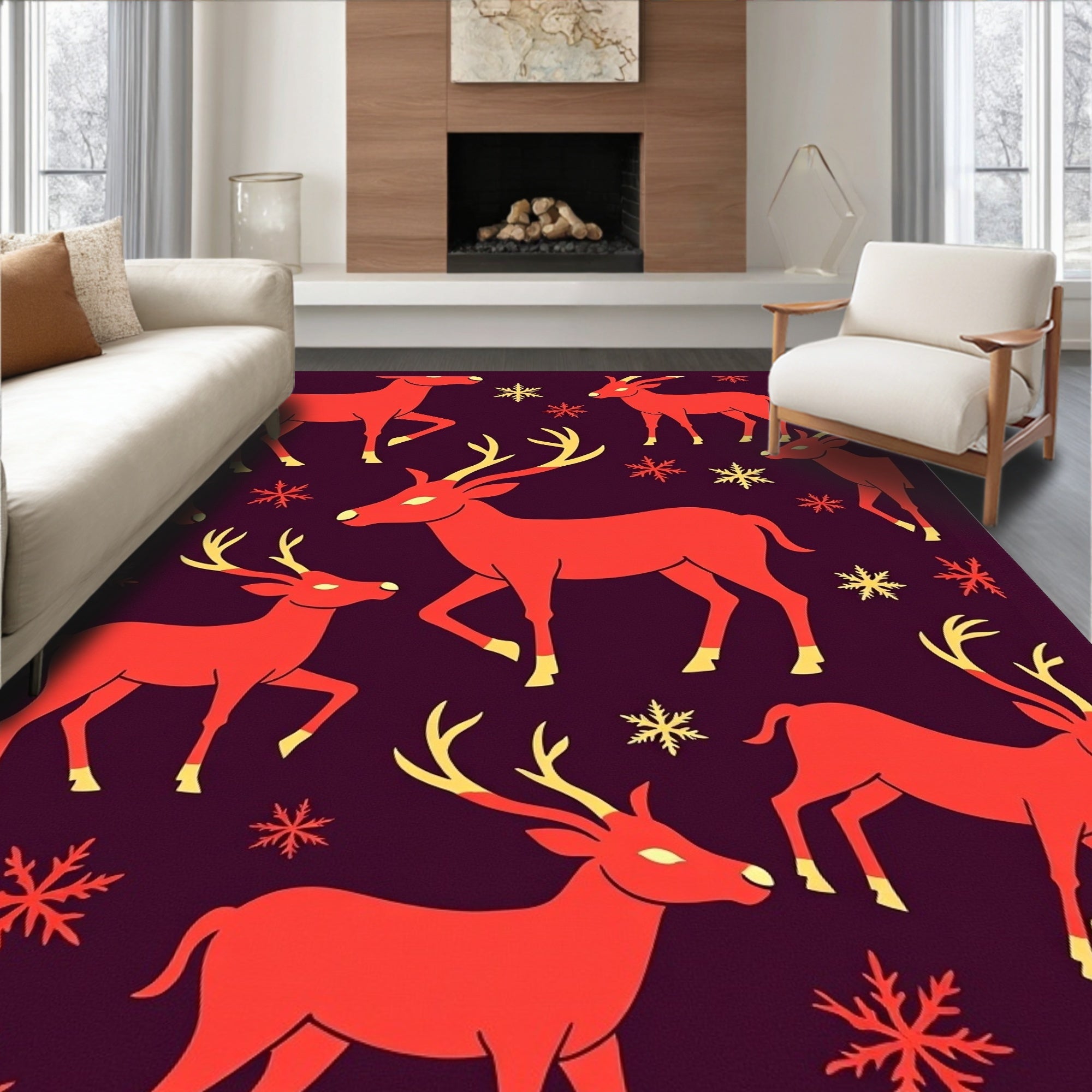 Red Deer With Snowflakes Holiday Rug