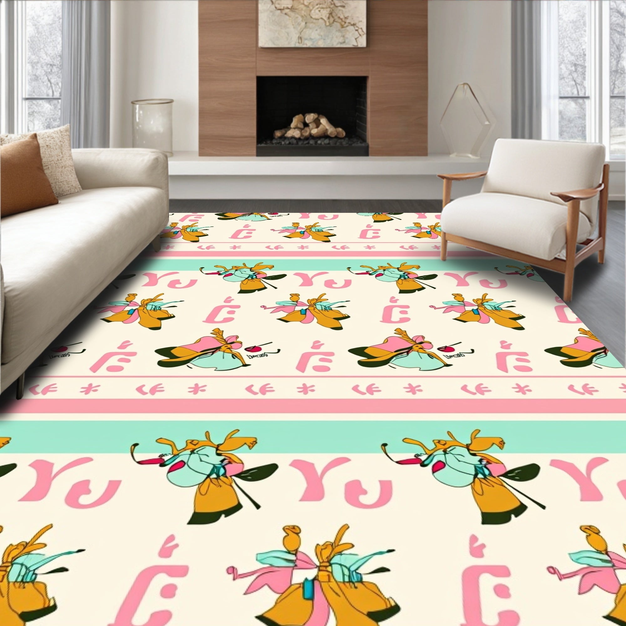 Whimsical Figures Stripes Yellow Pink Mint Rug