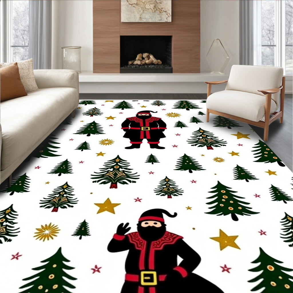Festive Santa Claus Christmas Trees Stars Rug