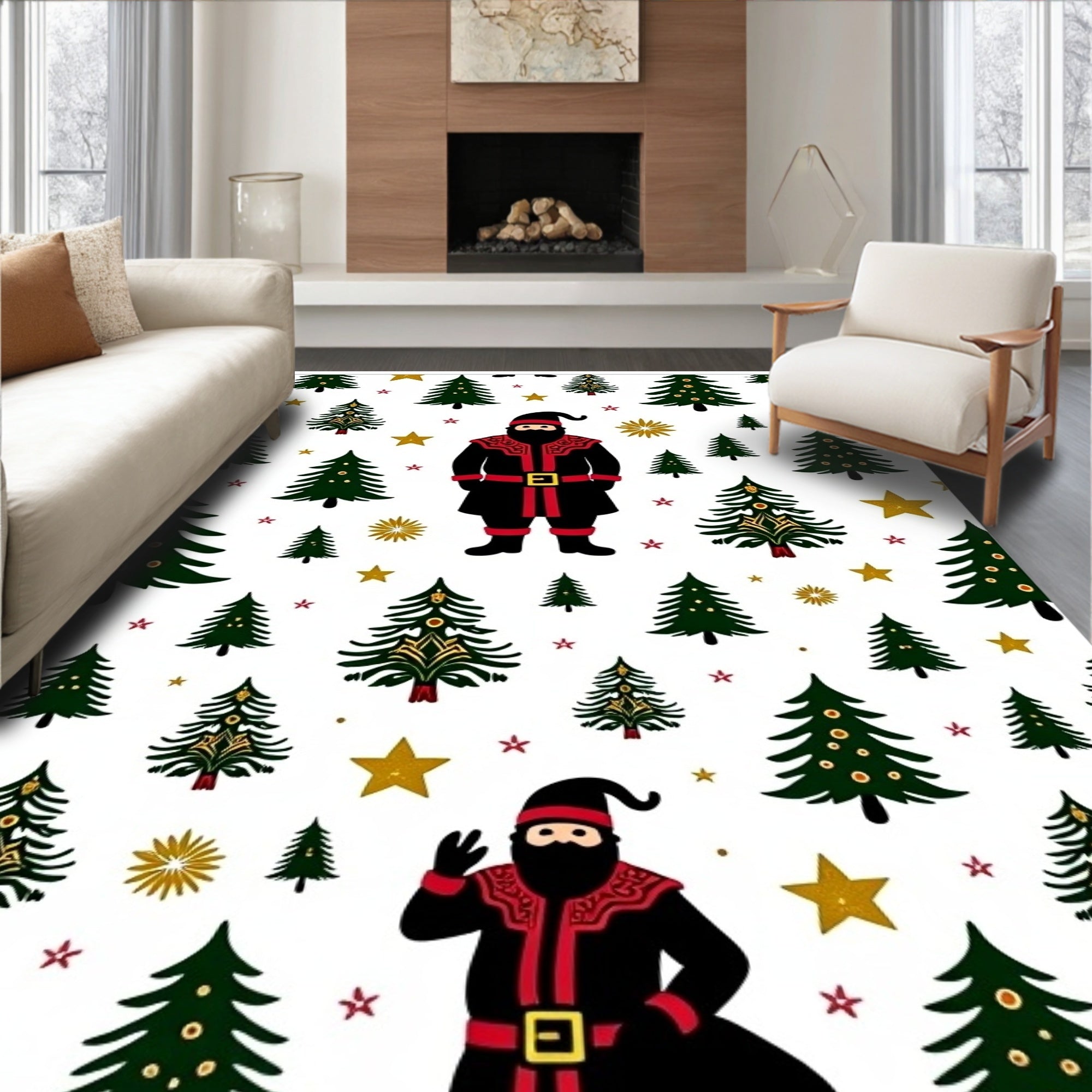 Festive Santa Claus Christmas Trees Stars Rug