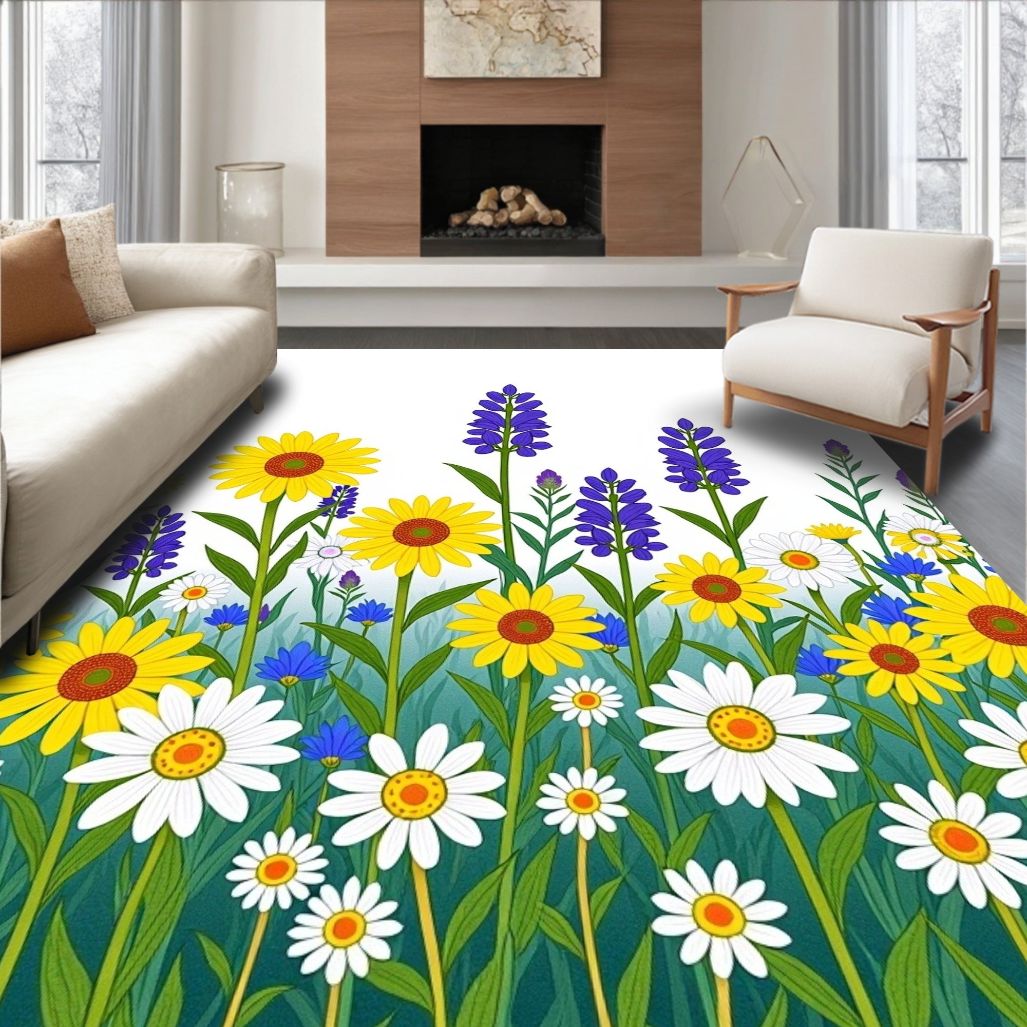 Sunny Yellow Daisy Lavender Field Rug