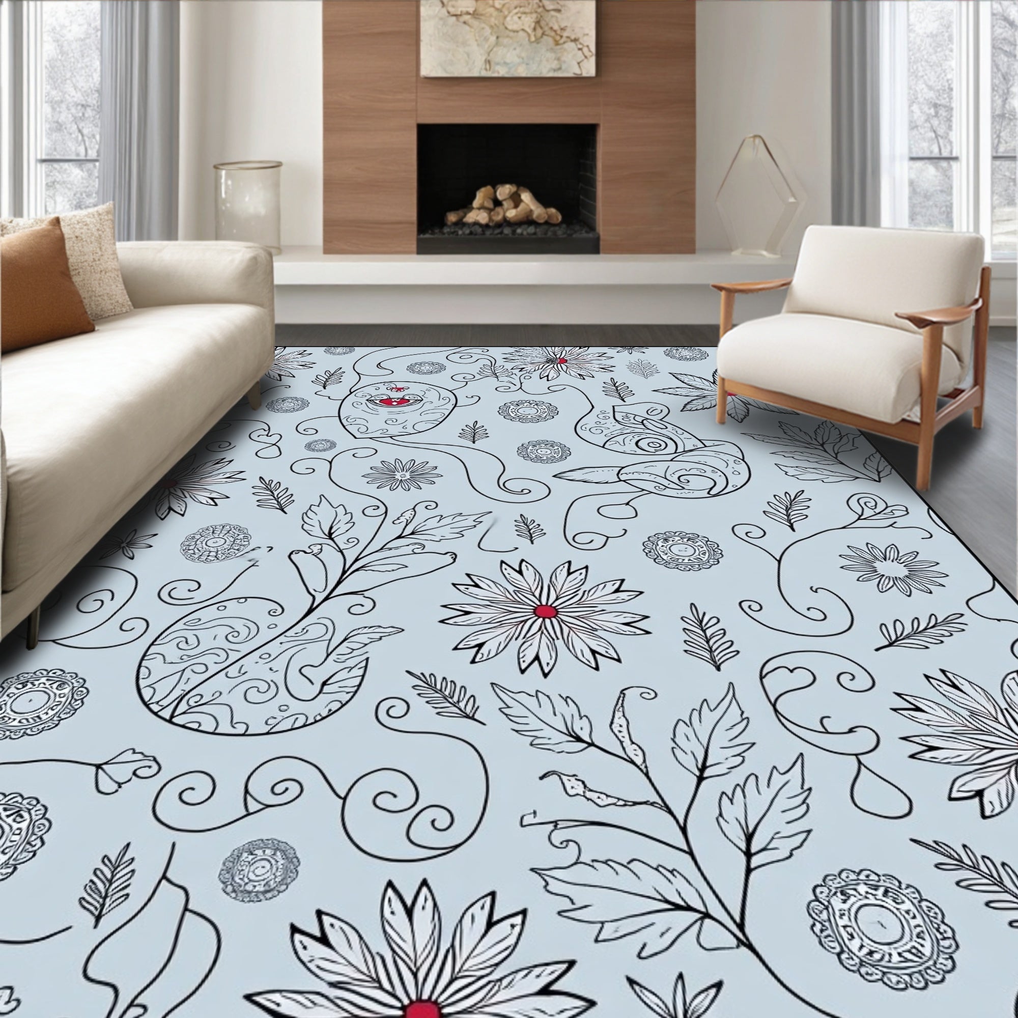 Whimsical Blue Floral Outline Doodle Rug