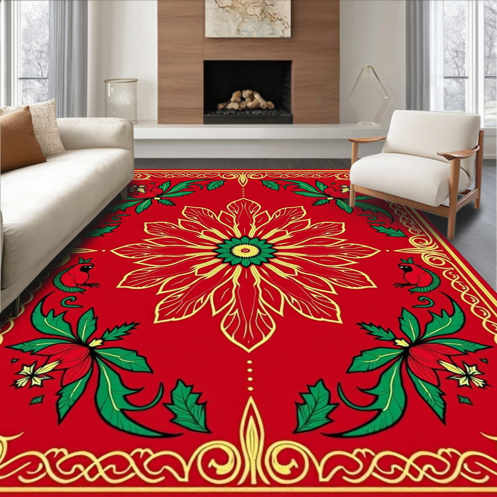 Festive Red Floral Cardinal Border Rug