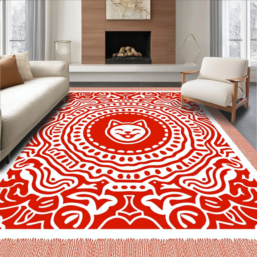 Whimsical Red Cat Medallion Rug