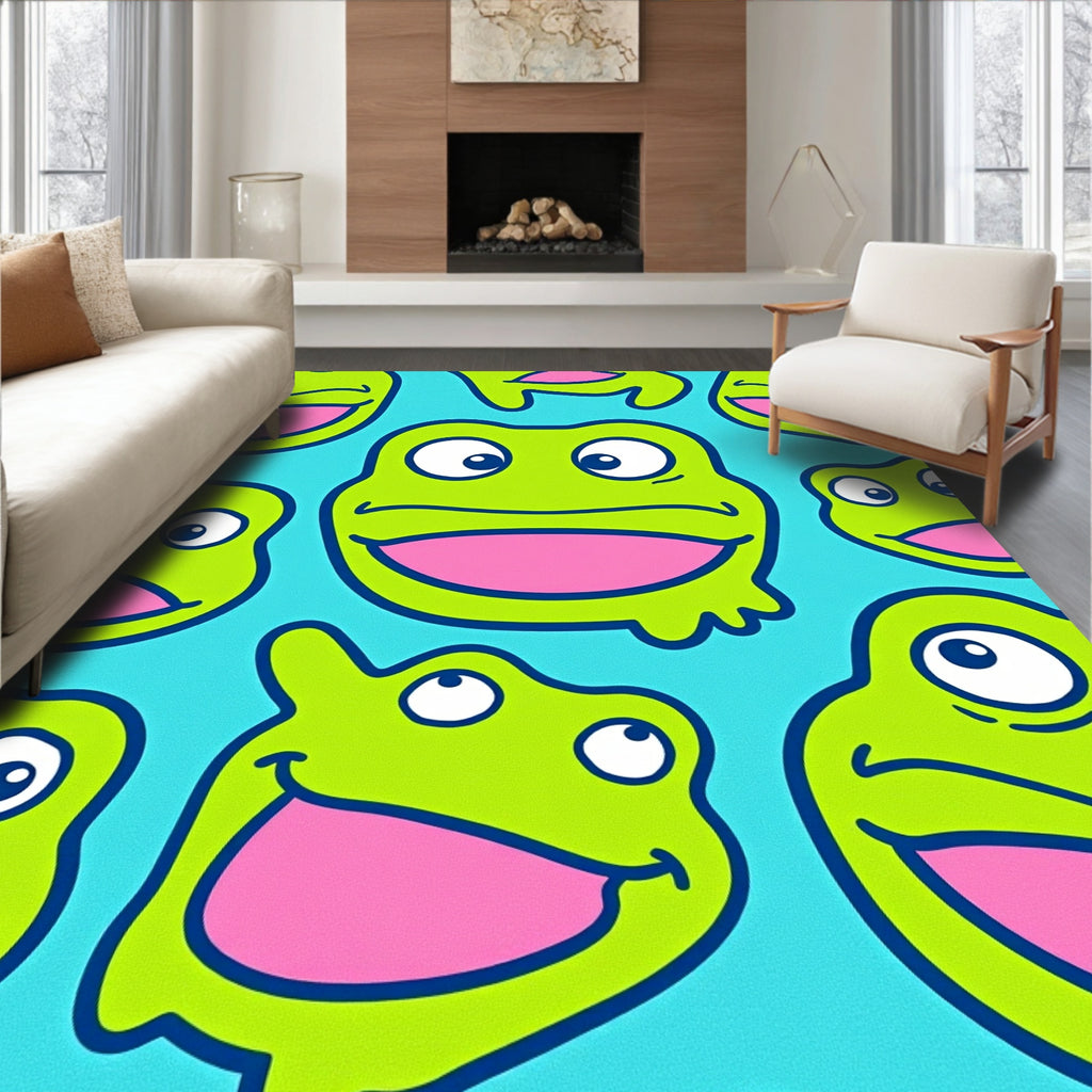 Whimsical Green Frog Faces Blue Background Rug