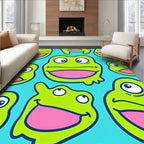 Whimsical Green Frog Faces Blue Background Rug
