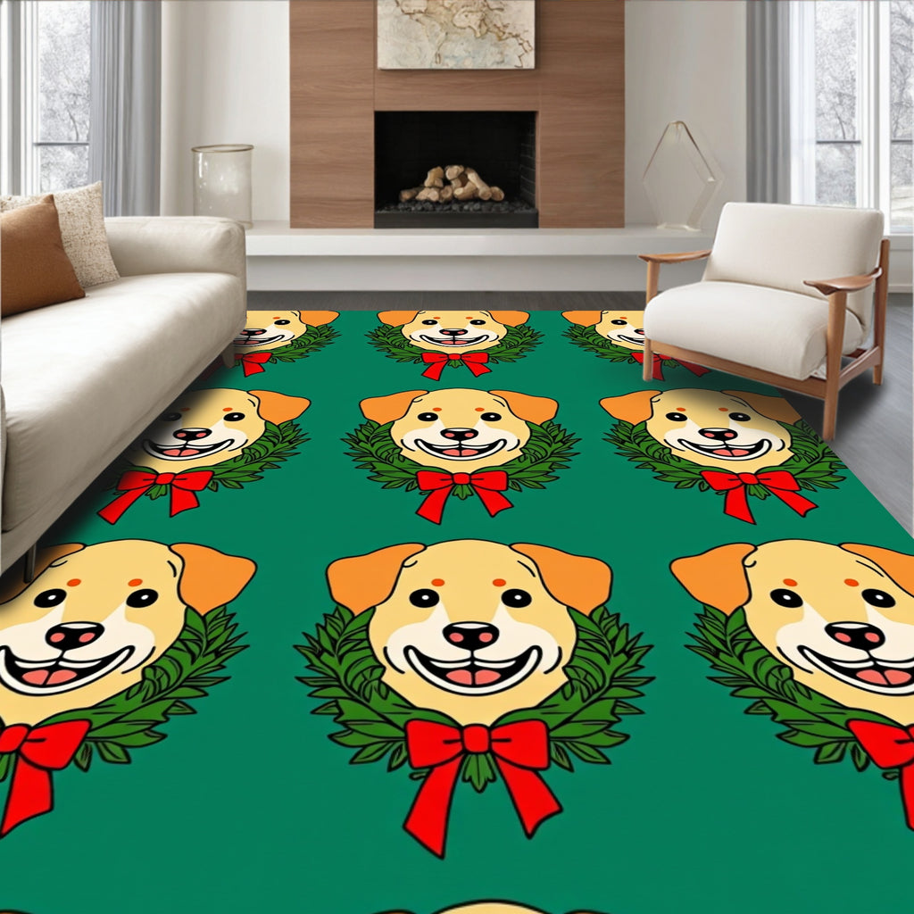 Golden Dog Wreath Red Bow Christmas Rug
