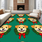 Golden Dog Wreath Red Bow Christmas Rug
