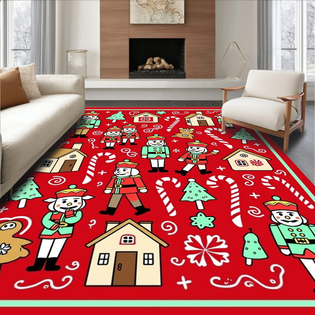 Festive Nutcracker Candy Cane Village Scene Rug
