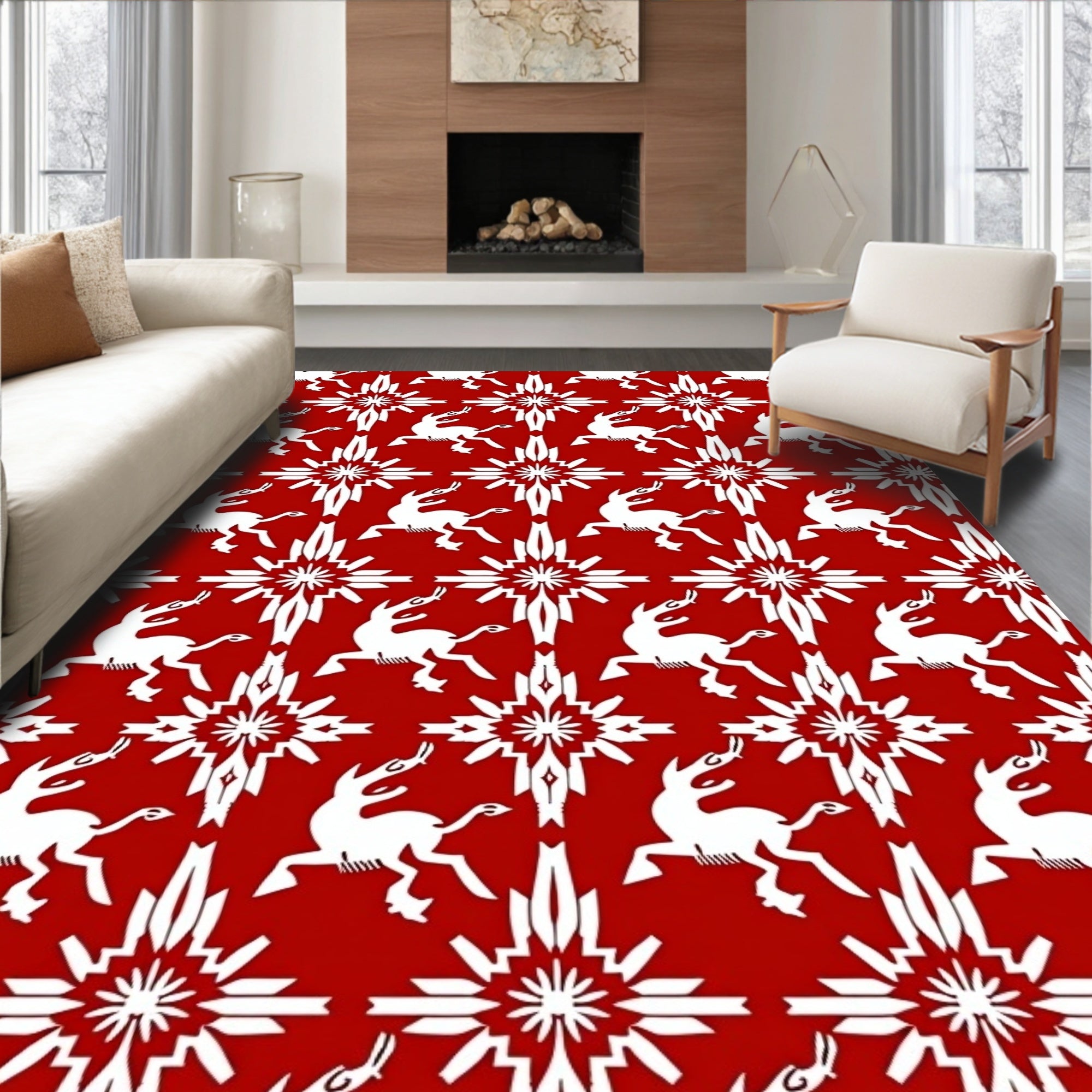 Crimson White Reindeer Starburst Repeat Rug