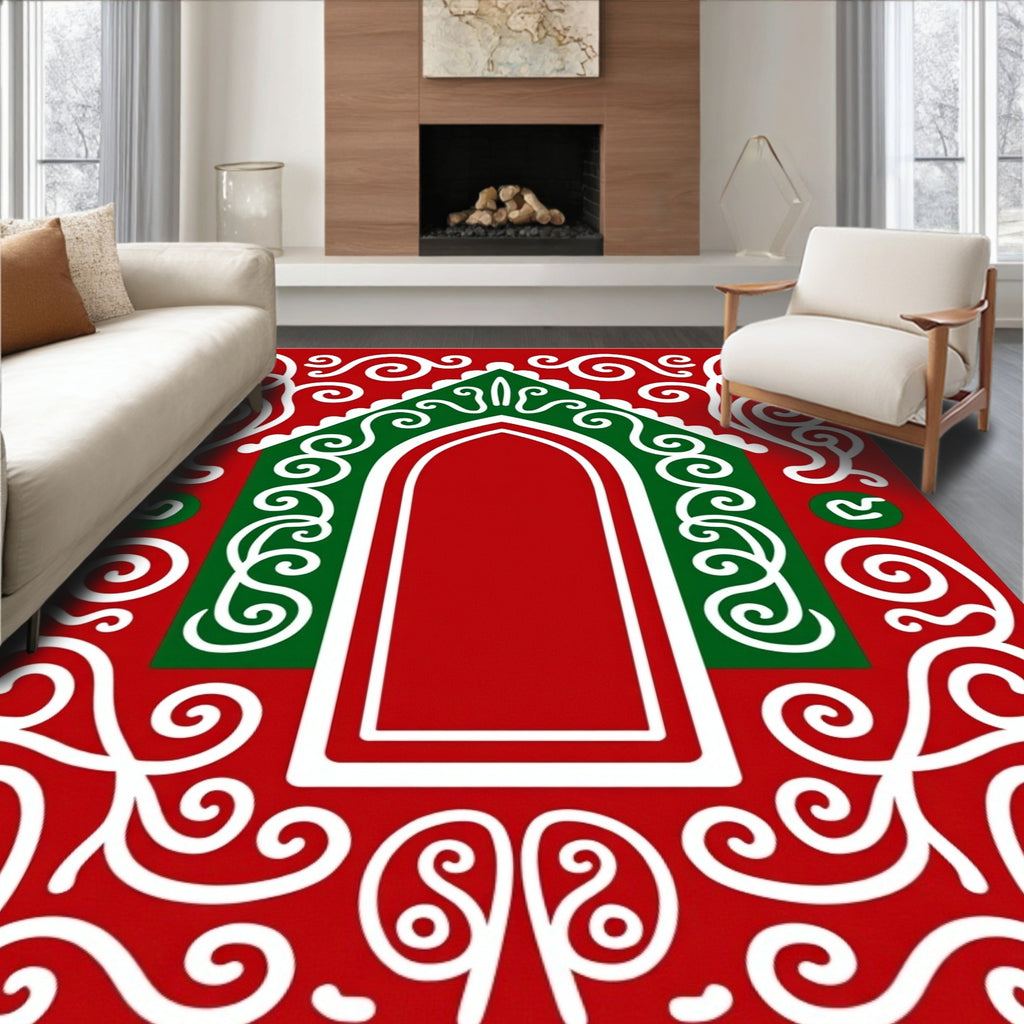 Vibrant Red Gingerbread House Swirls Rug