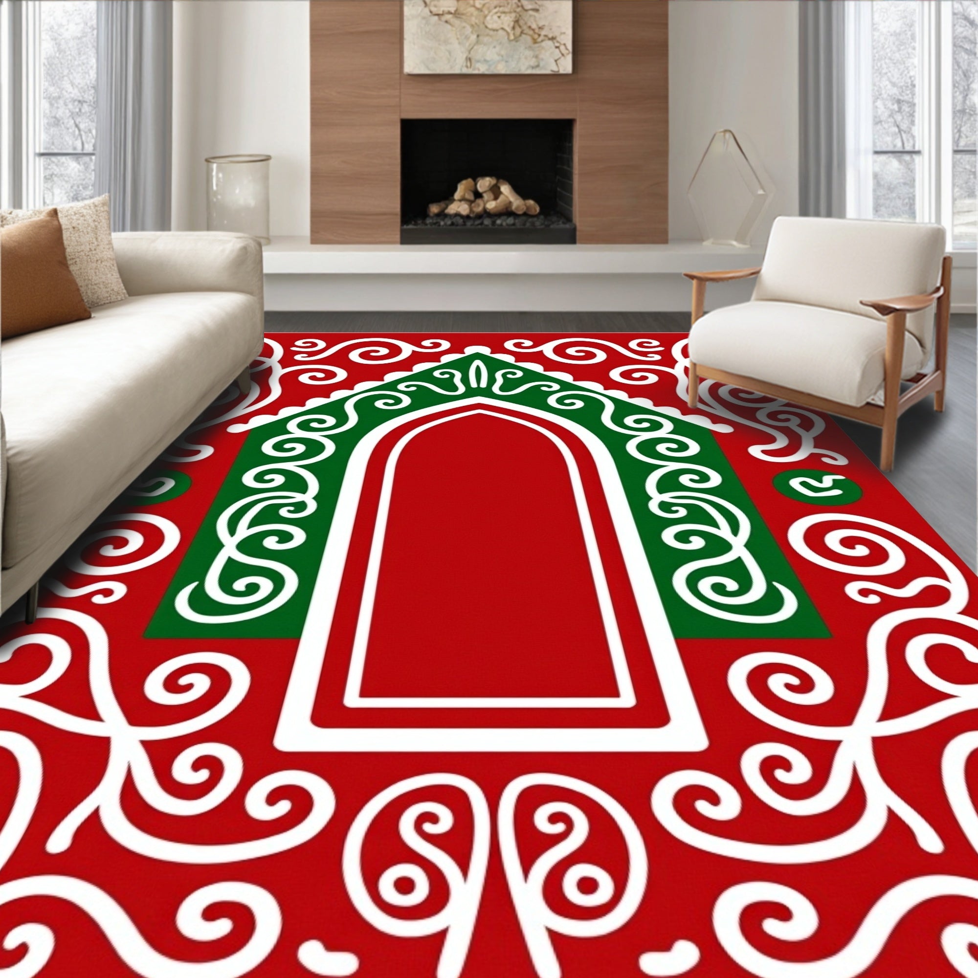 Vibrant Red Gingerbread House Swirls Rug