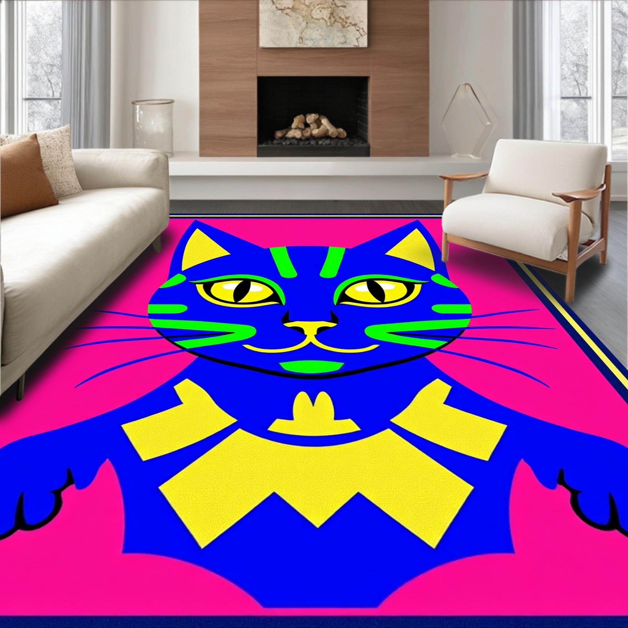 Vibrant Electric Blue Cat Face Rug