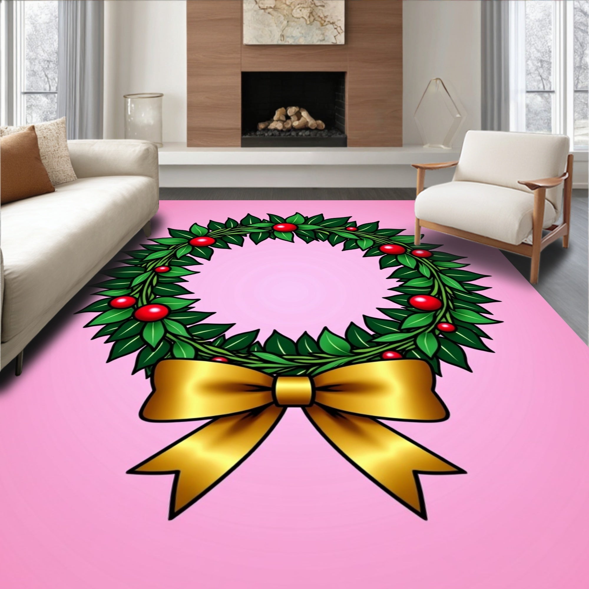 Green Leaf Red Berry Golden Bow Wreath Rug