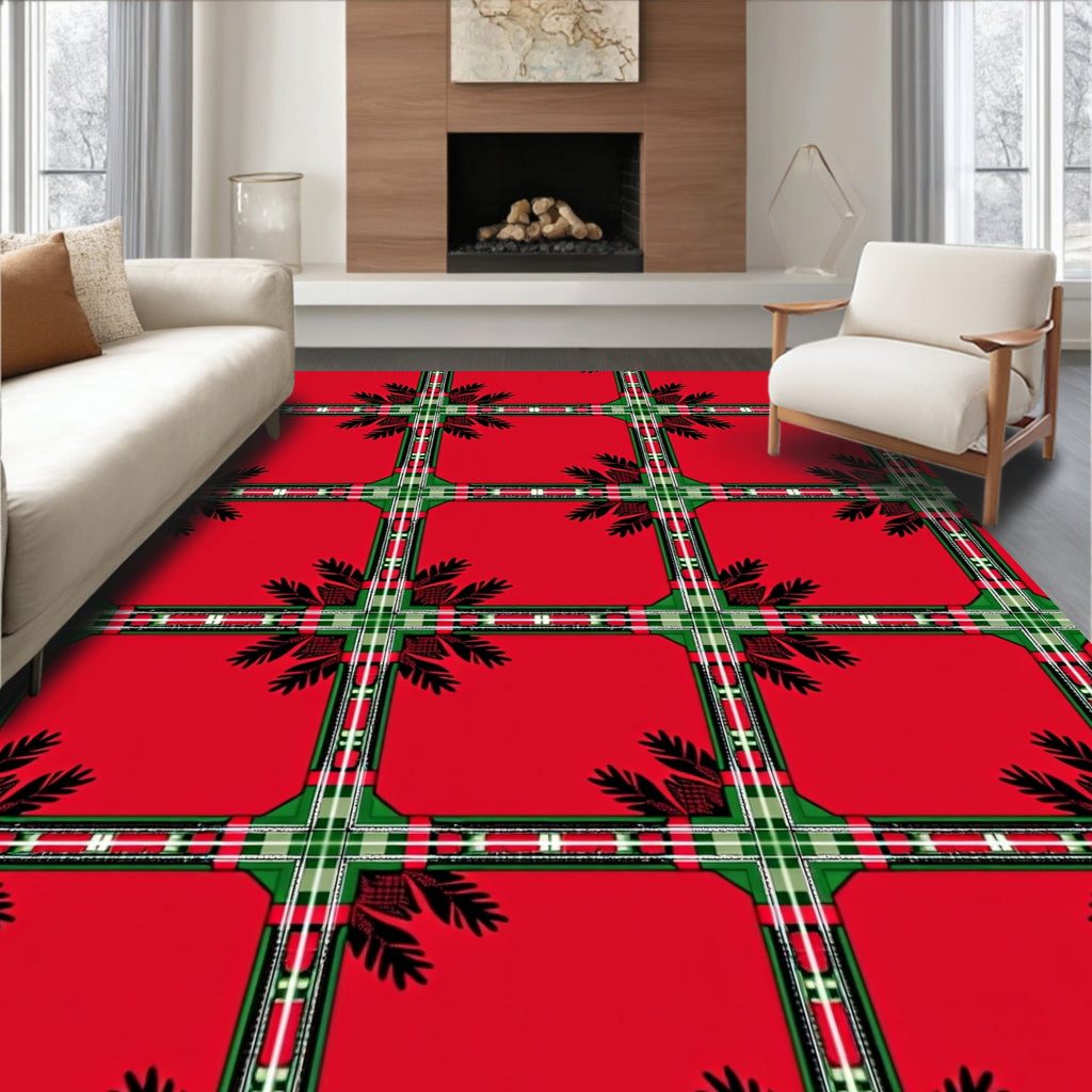 Rich Red Plaid Fern Squares Rug