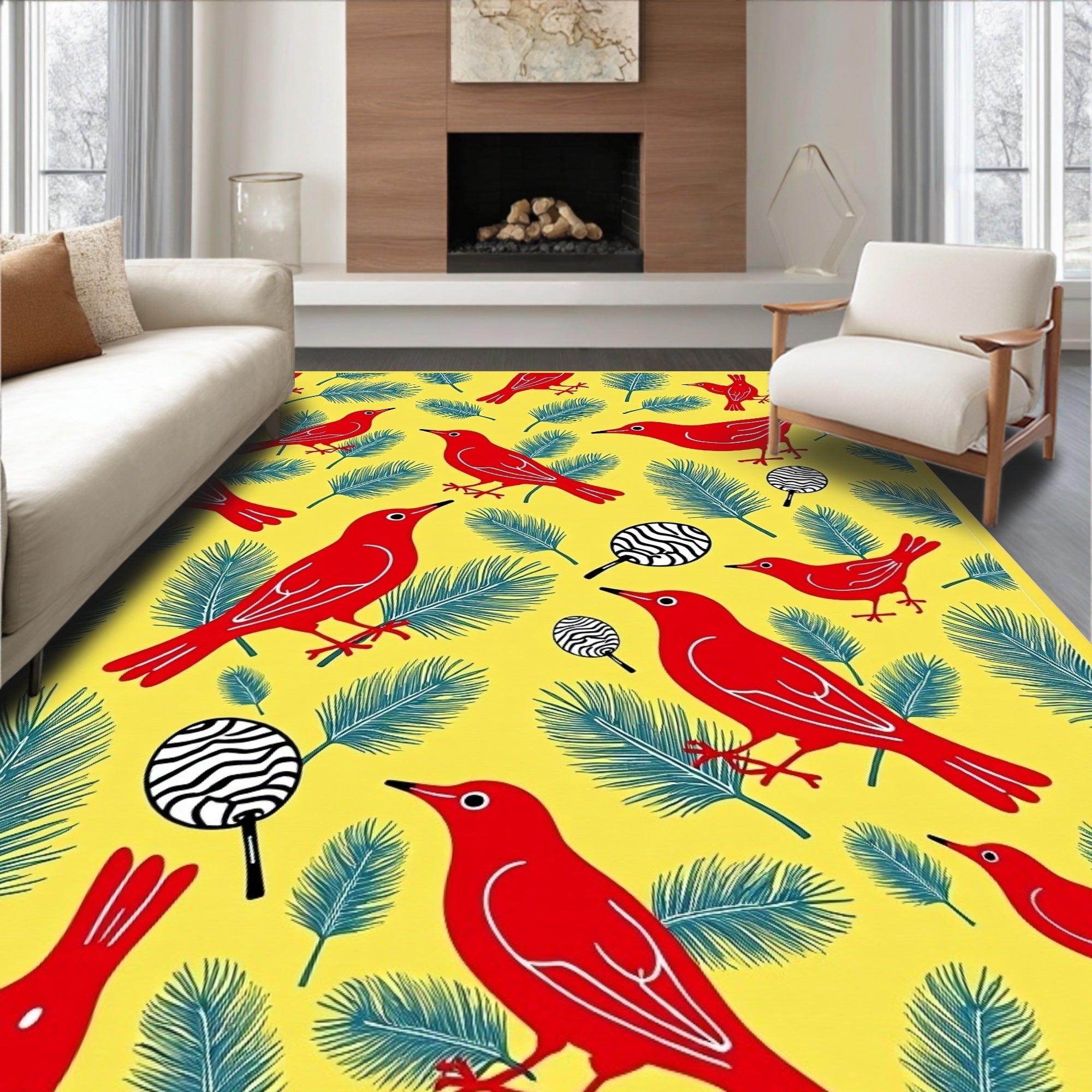 Vibrant Red Birds Evergreen Foliage Rug