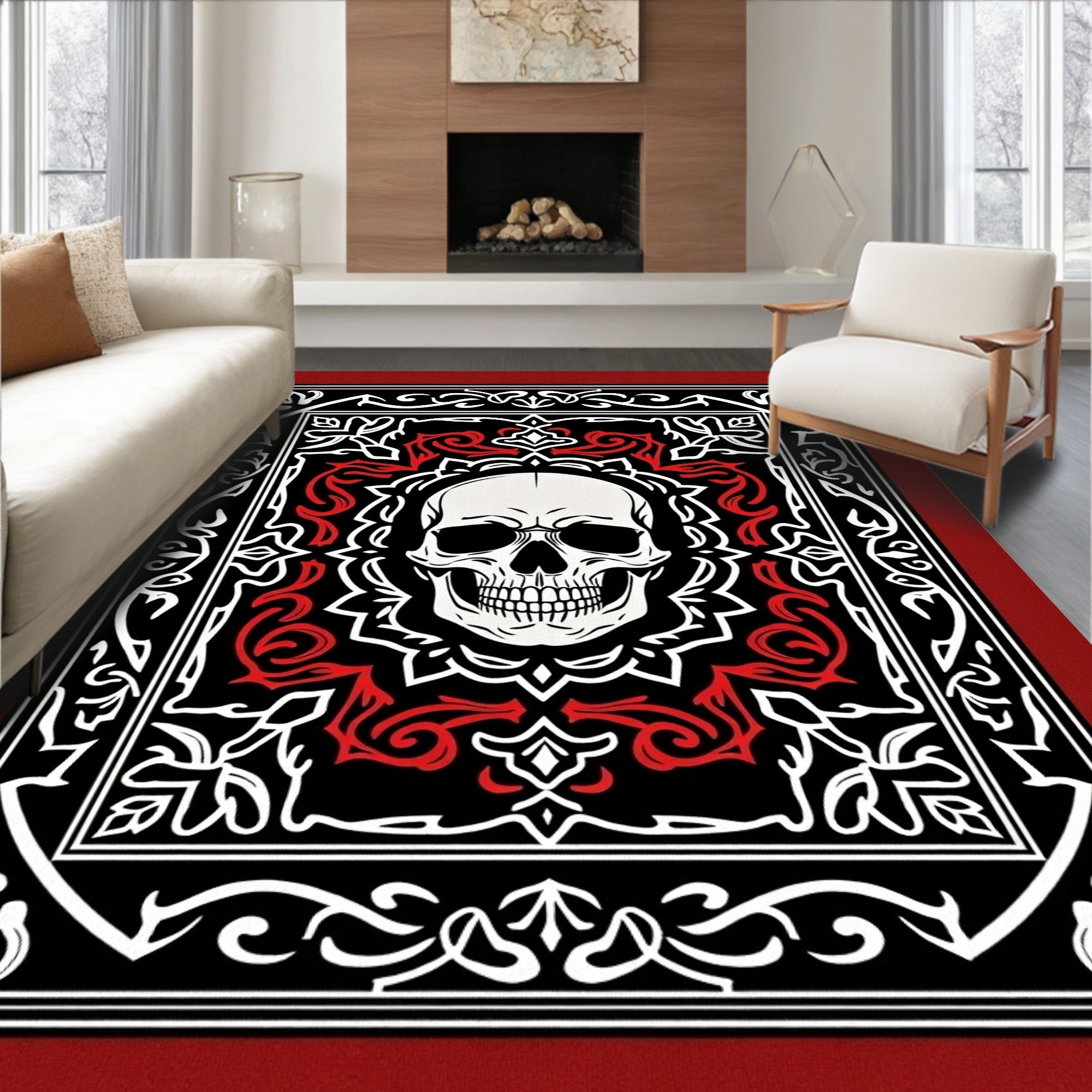 Black Red White Skull Ornamental Rug