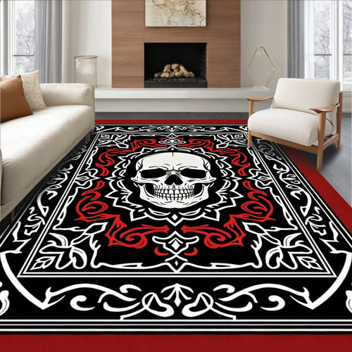 Black Red White Skull Ornamental Rug