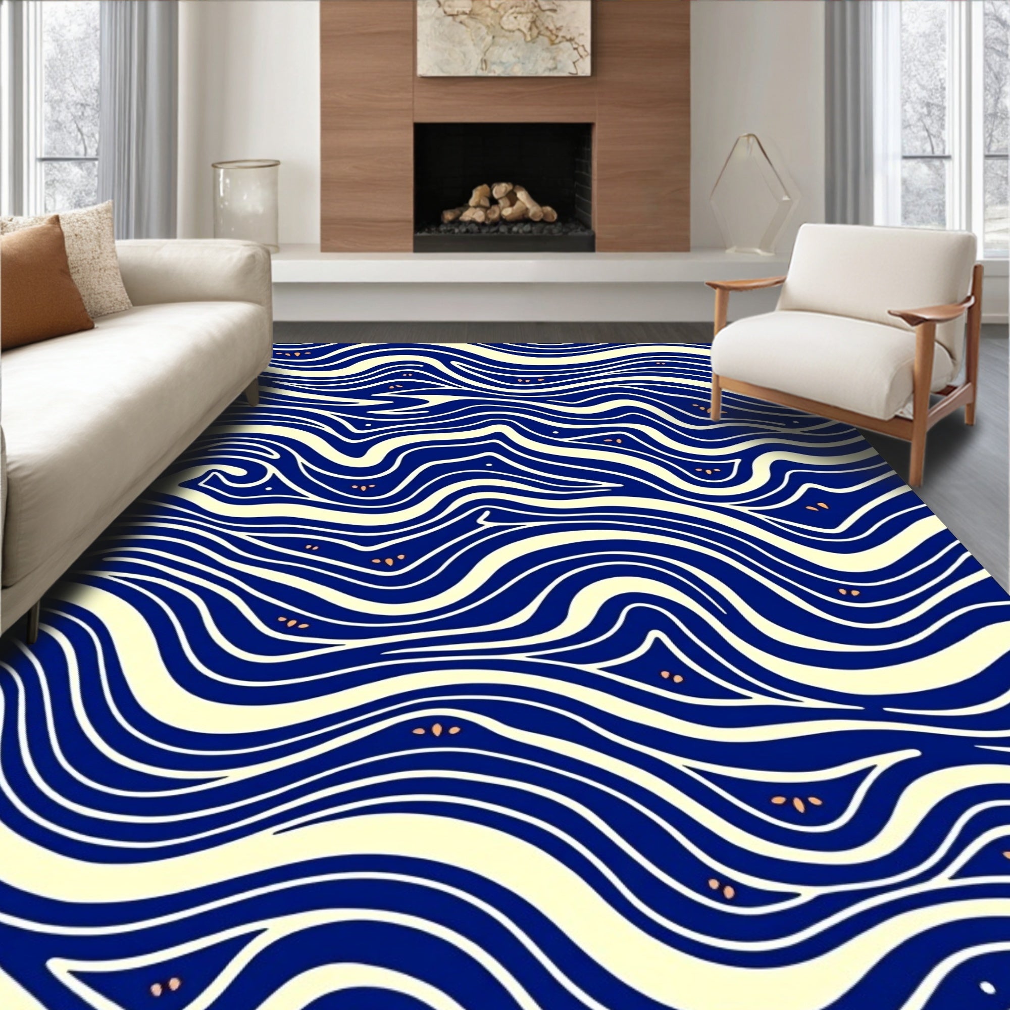 Navy Blue Wavy Lines Splash Accents Rug