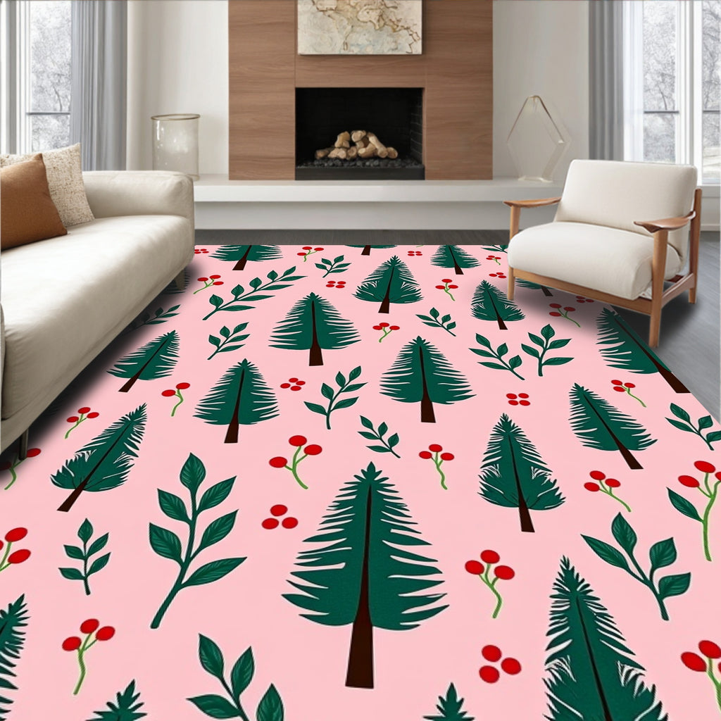 Forest Green Pine Trees Pink Background Rug
