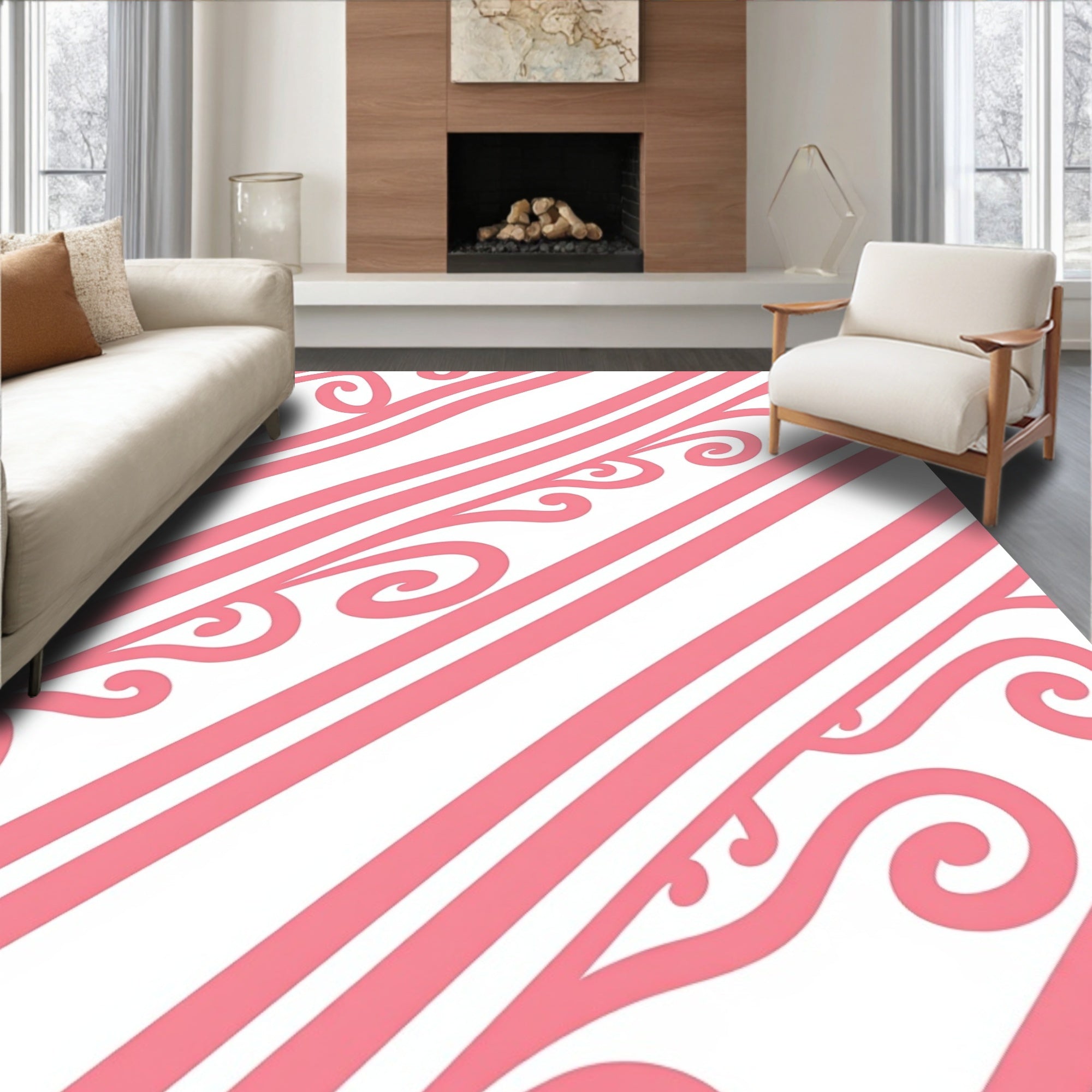 Coral Swirls Diagonal Stripe Rug