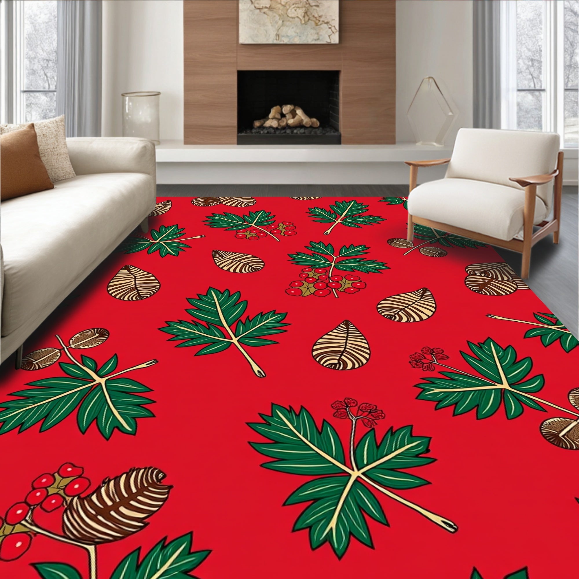 Festive Red Green Berry Leaf Arrangement Rug