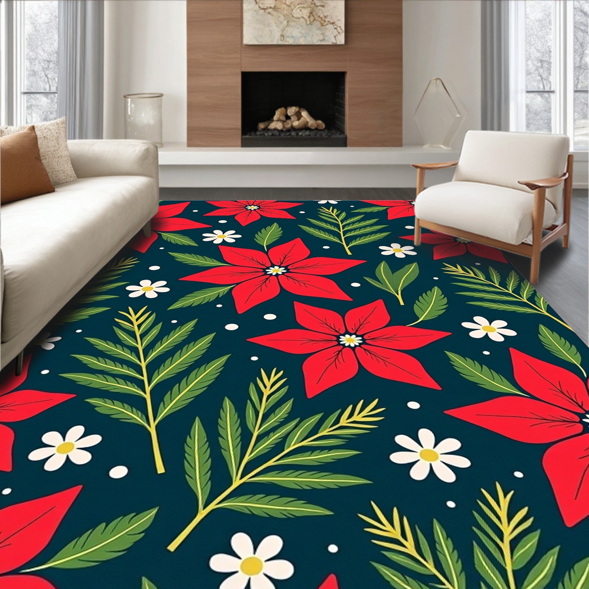 Crimson Poinsettia Botanical Dark Rug