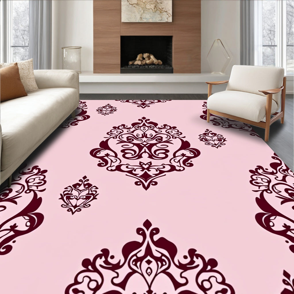 Rich Cranberry Damask Floral Arrangement Rug
