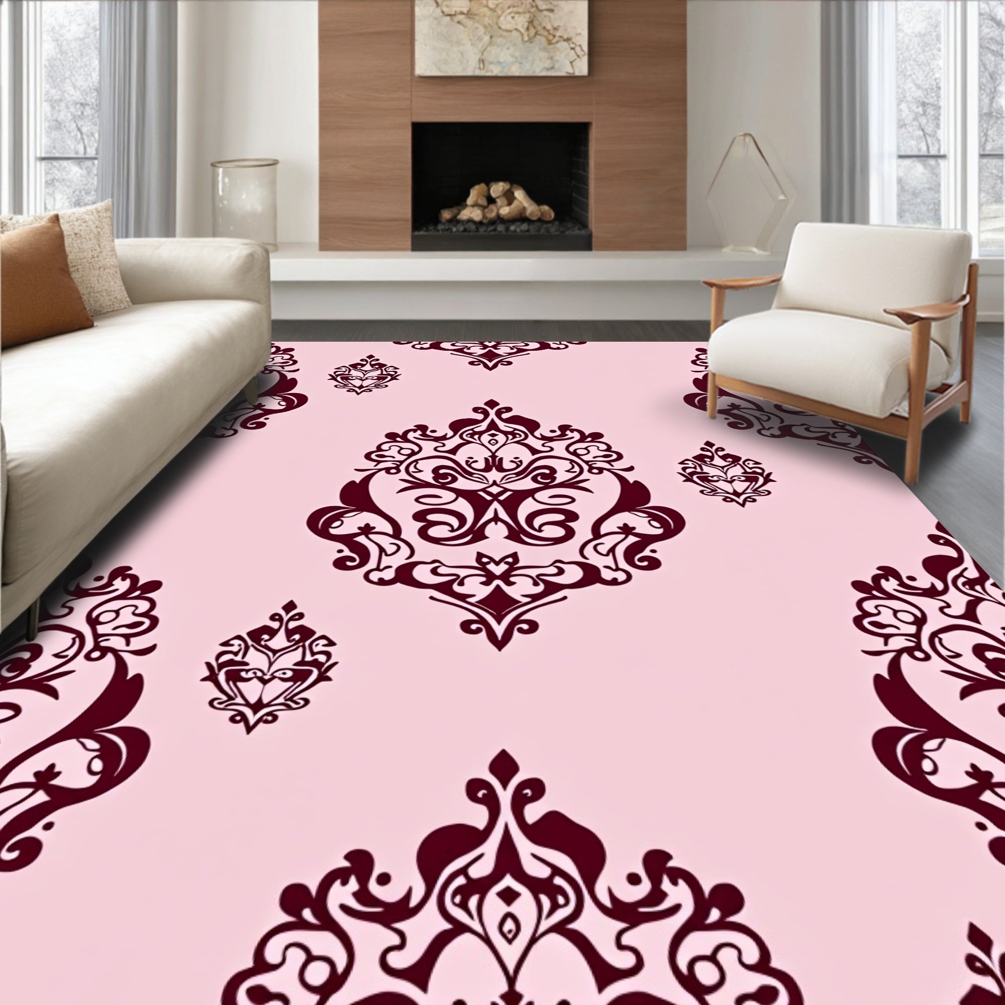Rich Cranberry Damask Floral Arrangement Rug