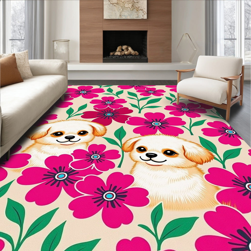 Playful Puppies Pink Floral Garden Rug