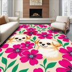 Playful Puppies Pink Floral Garden Rug