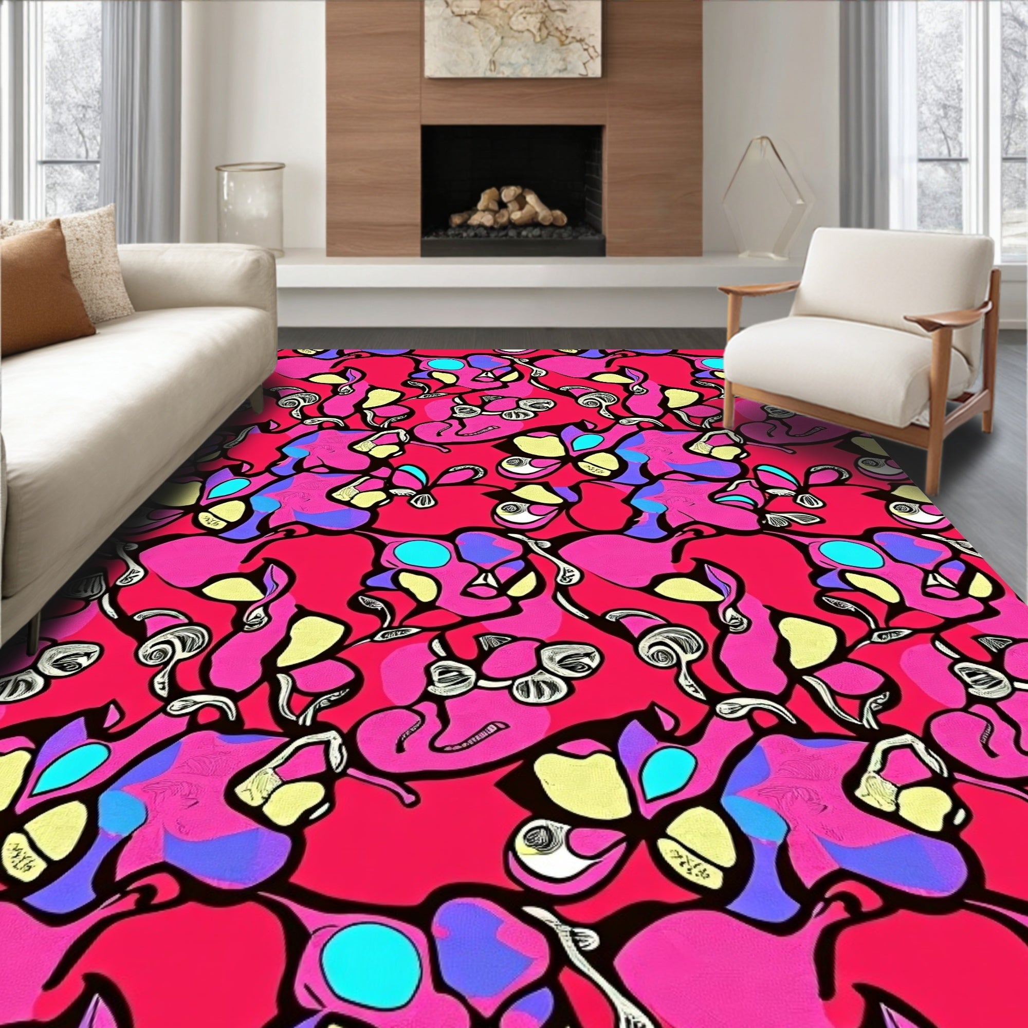 Vibrant Pink Abstract Floral Swirl Rug