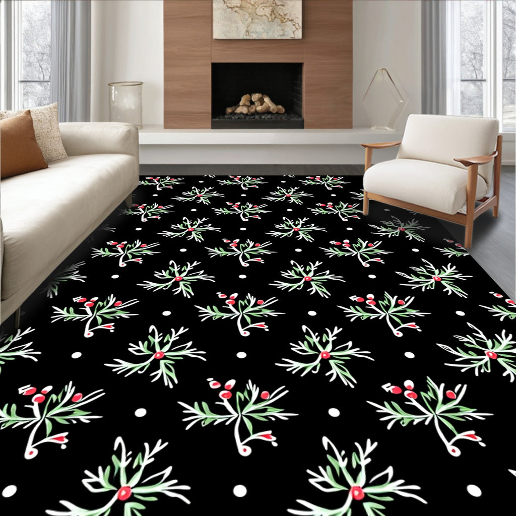 Ornate Leaf Berry Scattered Black Rug