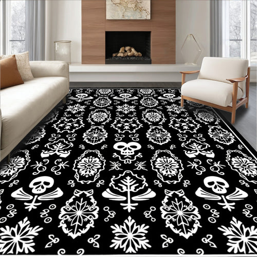 Black White Skull Damask Ornamental Rug
