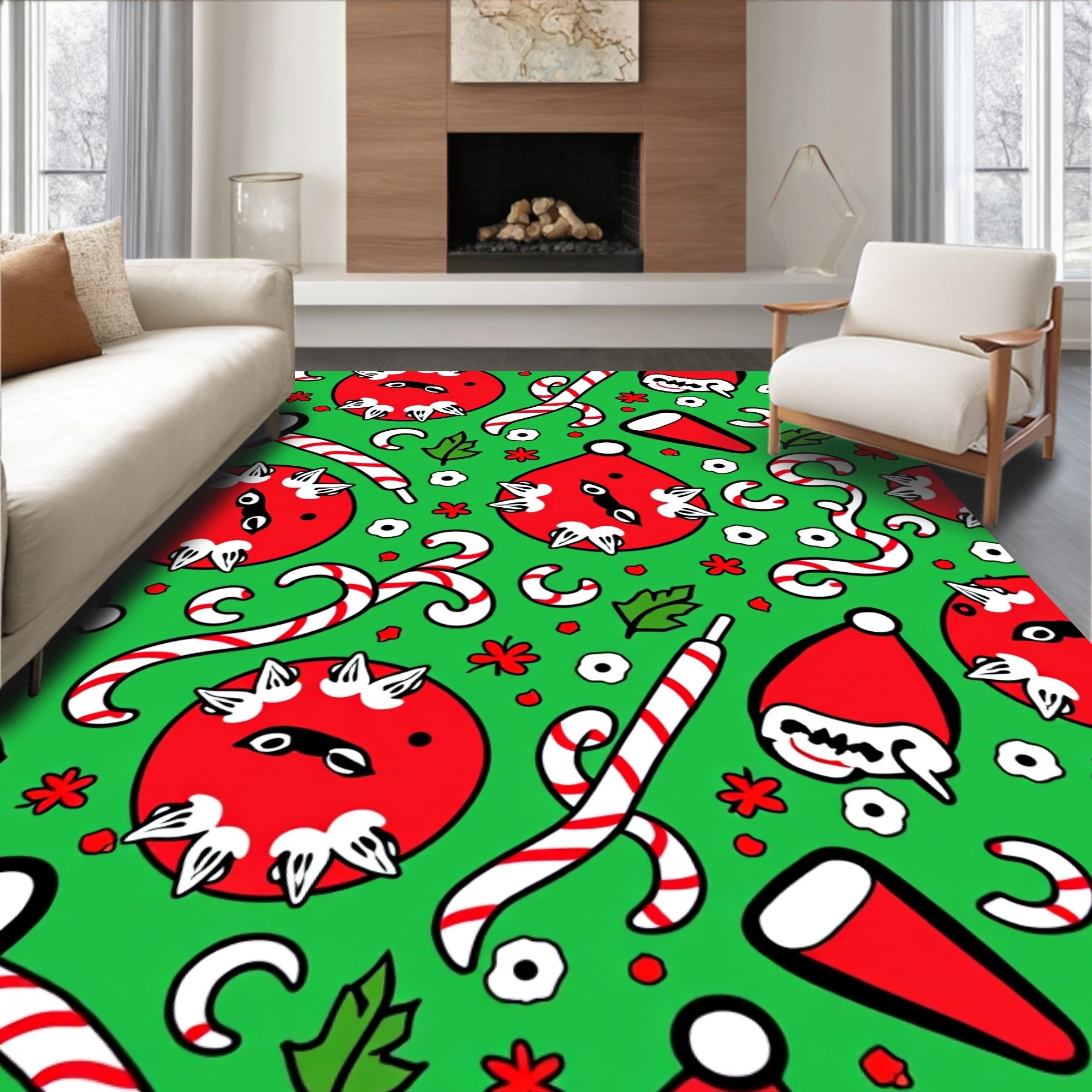 Festive Red Green Christmas Ornaments Rug