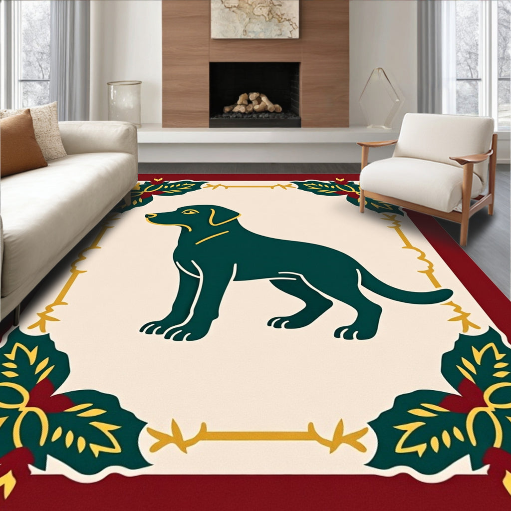 Deep Teal Dog Floral Border Rug