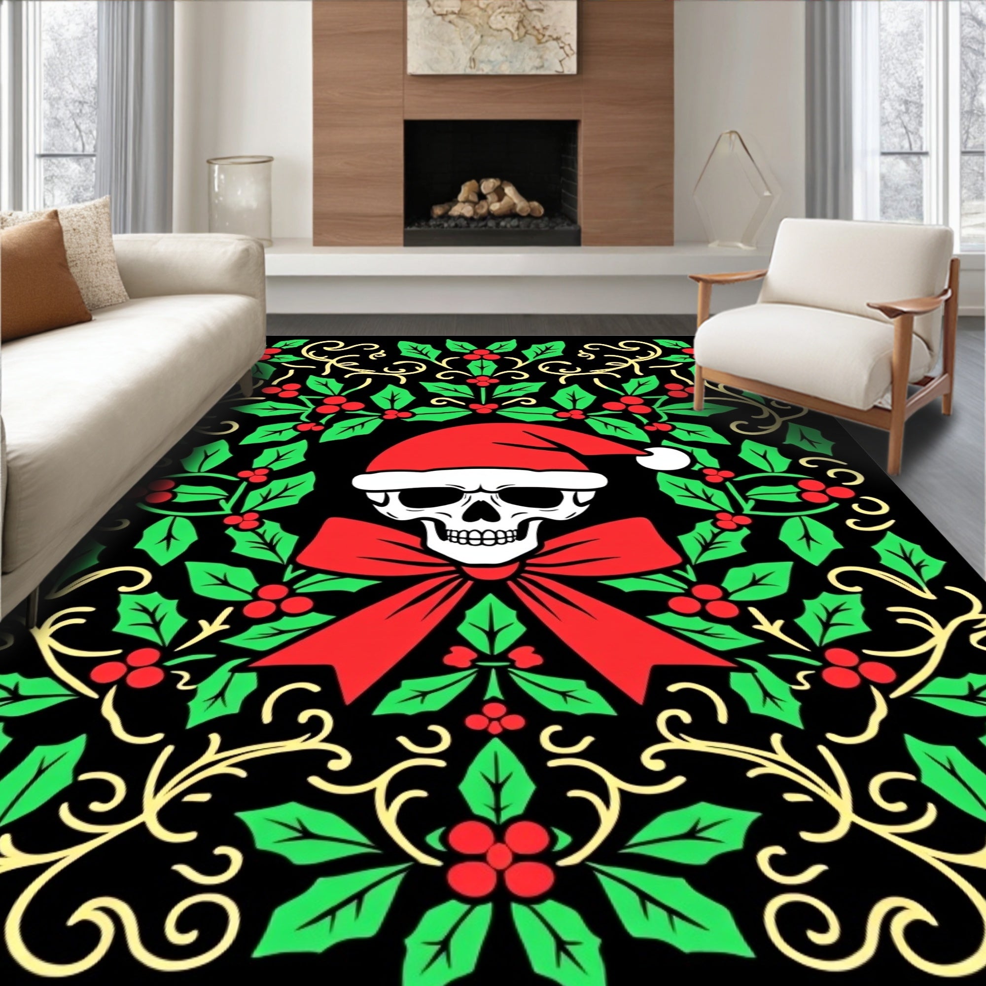 Creepy Santa Skull Festive Holly Border Rug